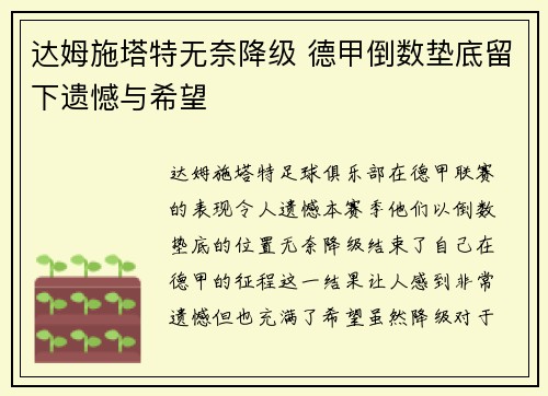 达姆施塔特无奈降级 德甲倒数垫底留下遗憾与希望 达姆施塔特无奈降级 德甲倒数垫底留下遗憾与希望